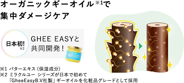 オーガニックギーオイル※1で集中ダメージケア 日本初！※2 GHEE EASYと共同開発！ ※1 バターエキス（保湿成分） ※2 ミラクルユー シリーズが日本で初めて「GheeEasyB.V社製」ギーオイルを化粧品グレードとして採用