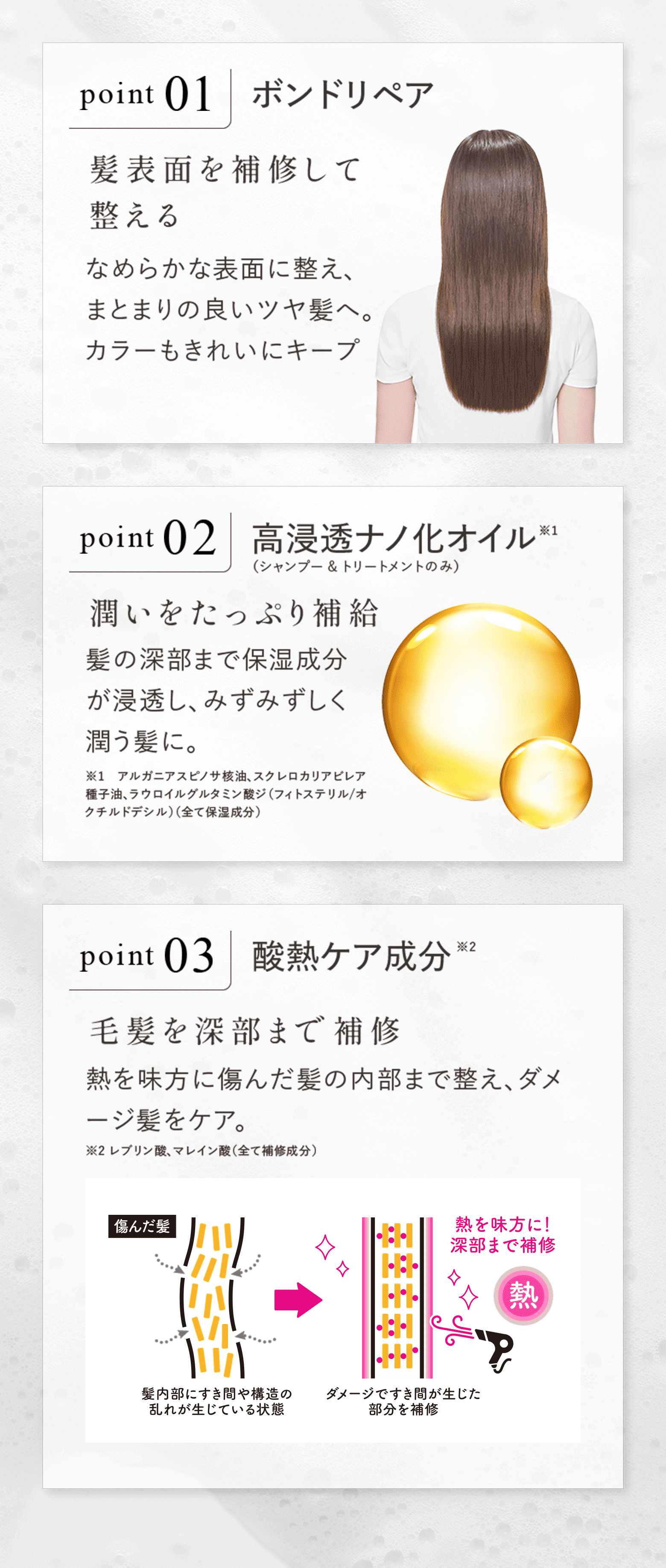 point01ボンドリペア 髪表面を補修して 整えるなめらかな表面に整え、まとまりの良いツヤ髪へ。カラーもきれいにキープ point02 高浸透ナノ化オイル※1（シャンプー&トリートメントのみ）潤いをたっぷり補給髪の深部まで保湿成分が浸透し、みずみずしく潤う髪に。 ※1　アルガニアスピノサ核油、スクレロカリアビレア種子油、ラウロイルグルタミン酸ジ（フィトステリル/オクチルドデシル）（全て保湿成分） point03酸熱ケア成分毛髪を深部まで補修熱を味方に傷んだ髪の内部まで整え、ダメージ髪をケア。※2 レブリン酸、マレイン酸（全て補修成分）