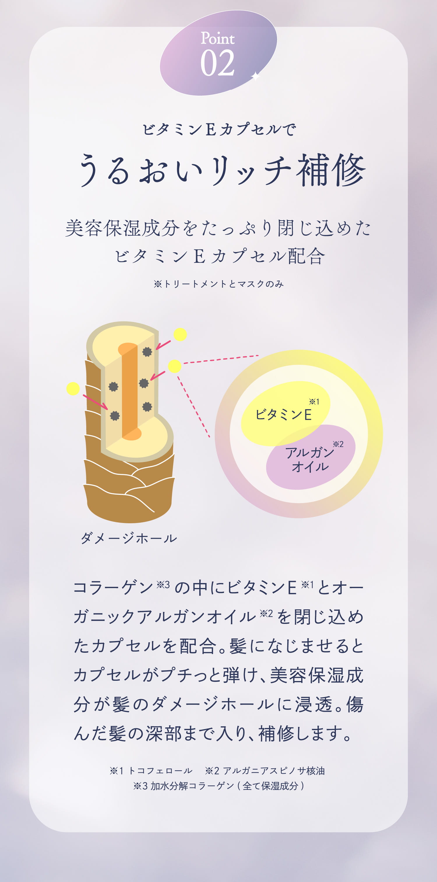 Point02 ビタミンEカプセルでうるおいリッチ補修 美容保湿成分をたっぷり閉じ込めたビタミンEカプセル配合 コラーゲン　の中にビタミンE　とオーガニックアルガンオイル　を閉じ込めたカプセルを配合。髪になじませるとカプセルがプチっと弾け、美容保湿成分が髪のダメージホールに浸透。傷んだ髪の深部まで入り、補修します。だから寝ている間に集中ケア！