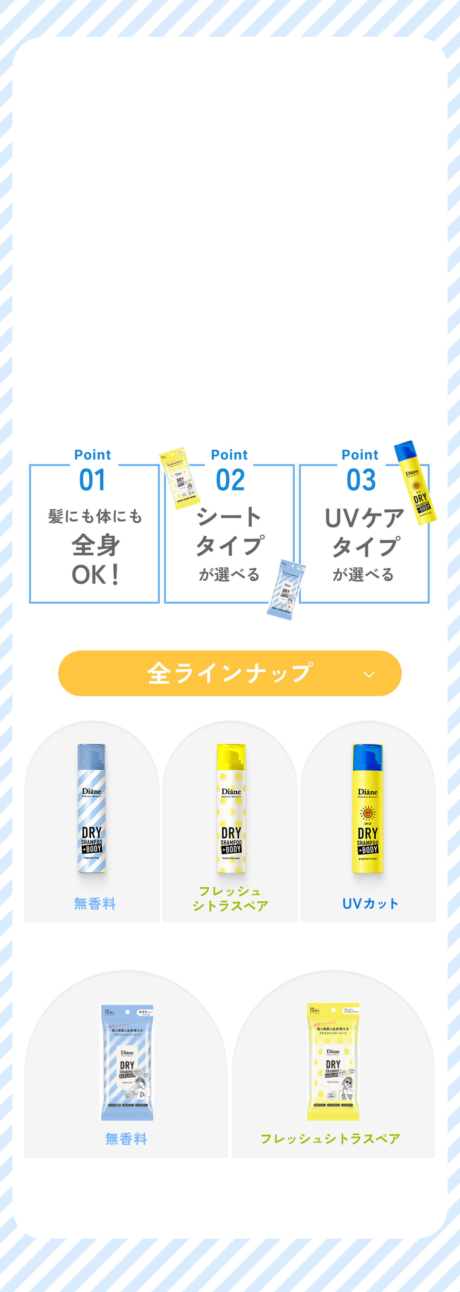 髪にも体にも全身OK!シートタイプが選べる。UVケアタイプが選べる