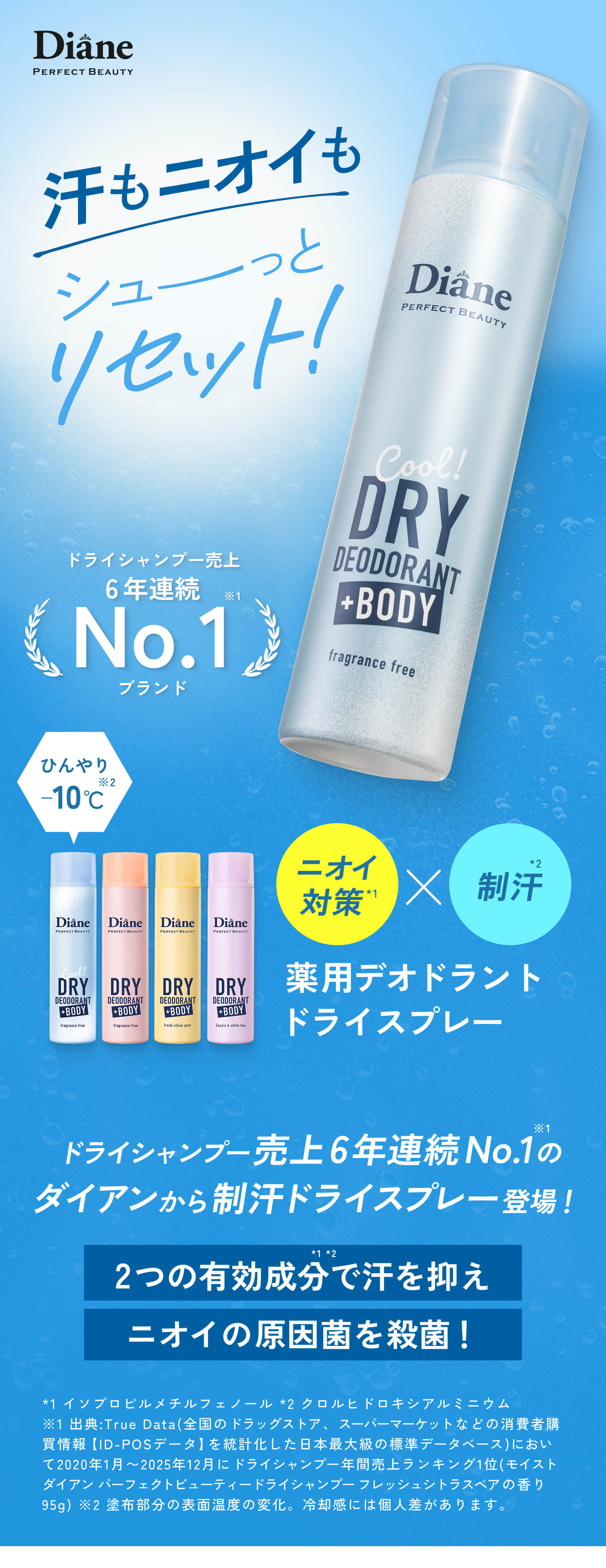 Diane 汗もニオイもシューっとリセット！ドライシャンプー売上6年連続No.1のダイアンから制汗ドライスプレー登場！2つの有効成分で汗を抑えニオイの原因菌を殺菌！