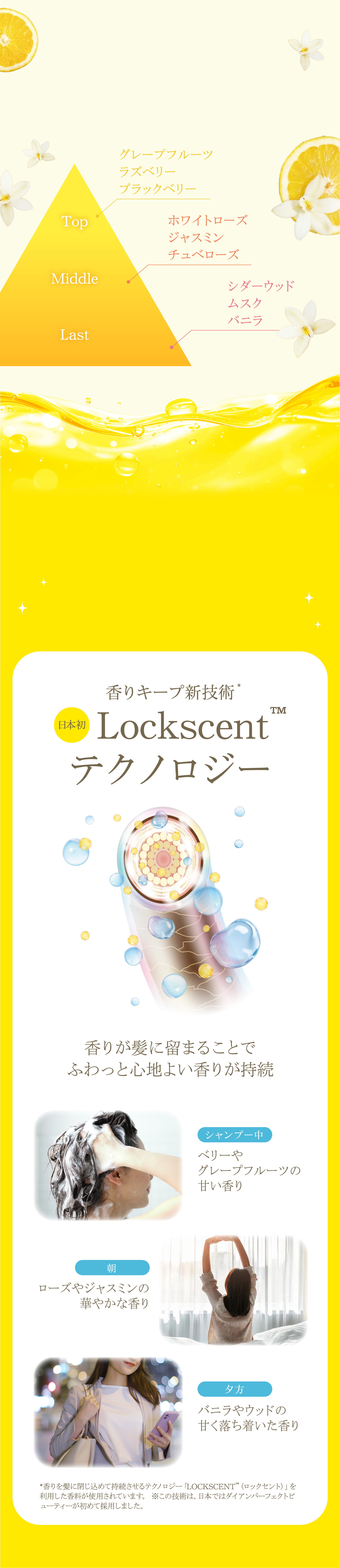 香りキープ新技術* 日本初Lockscent™テクノロジー *香りを髪に閉じ込めて持続させるテクノロジー「LOCKSCENT™（ロックセント）」を利用した香料が使用されています。 ※この技術は、日本ではダイアンパーフェクトビューティーが初めて採用しました。